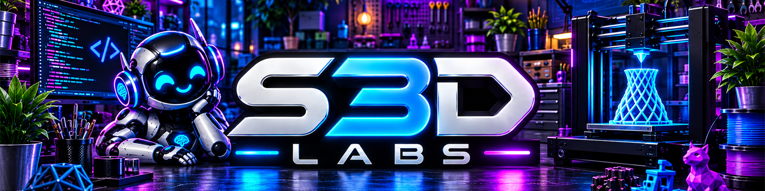 S3D Labs branding in electric blue, cyan, magenta, and silver